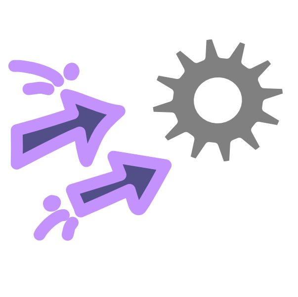 A diagonal white line has a gear above it. The gear is grey and sits at the top of the line. To the left of the gear are 2 purple arrows pointing up at it parallel to the line. Emphasis lines trail from the base of one arrow, and come from the corner of another. The arrows are purple and the image has white line art.